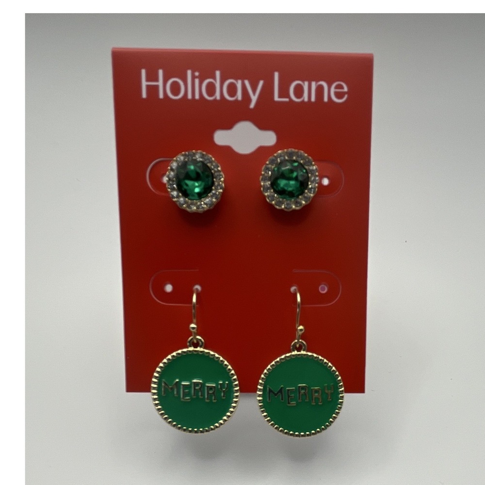 Holiday‎ Lane Christmas Green & Gold Stud and "Merry" Dangle Earrings Set